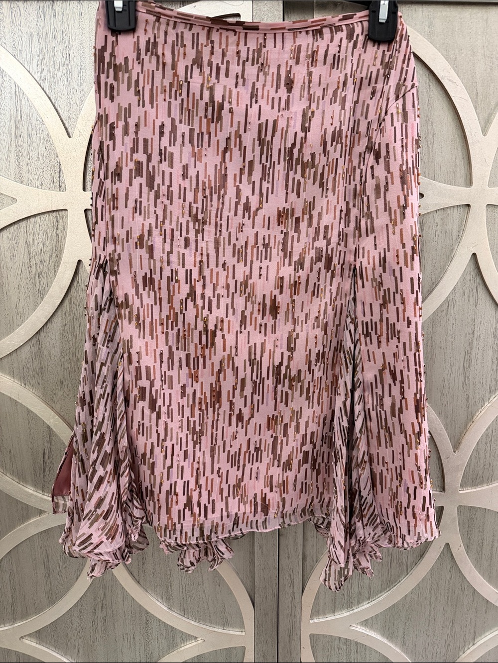 ECI Pink Printed A-Line Skirt with Brown Dash Pattern